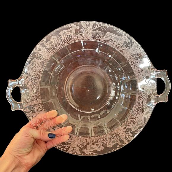 Paden City Black Forest Pink Handled Cake Plate Cheriglo Depression Glass READ - Picture 1 of 14